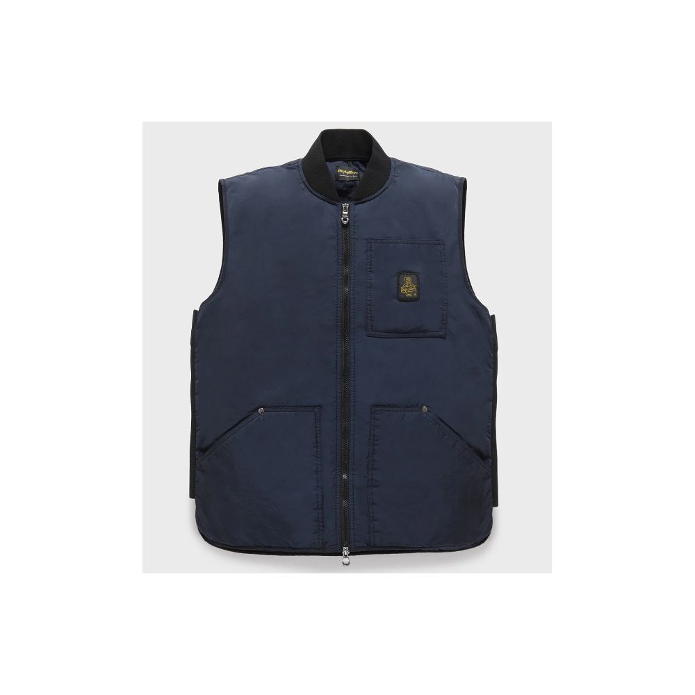 Refrigiwear Blue Polyamide Men Vest with zipper closure and pockets, stylish sleeveless down jacket for summer.