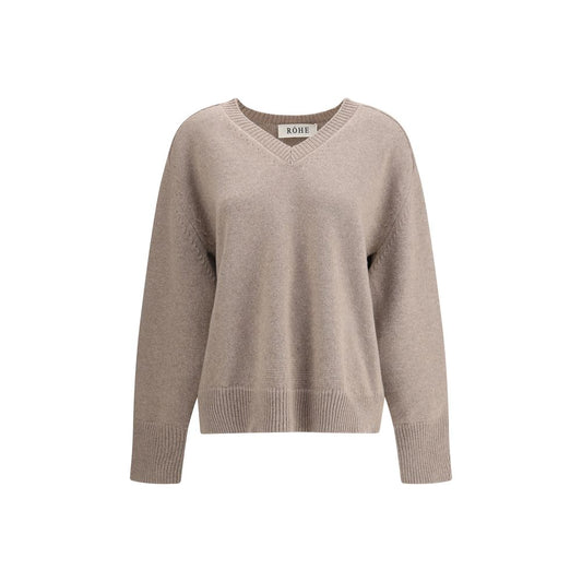 Rohe Beige Wool Sweatshirt with ribbed V-neckline and hem, featuring cut-out sleeve detail for a contemporary look.