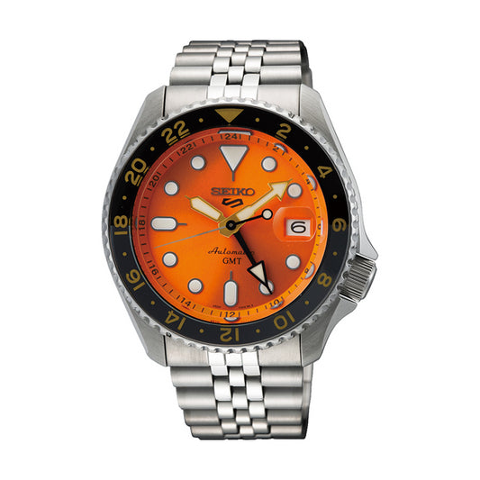 SEIKO 5 Mod. SPORTS GMT Automatic wristwatch with orange dial and stainless steel bracelet, mineral dial, 10 ATM water resistance.