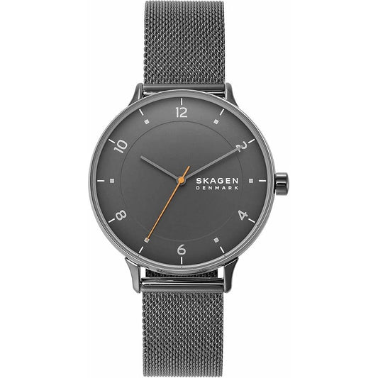 SKAGEN DENMARK Mod. RIIS wristwatch with 40mm gunmetal case and mesh strap, featuring quartz movement and water-resistant design.