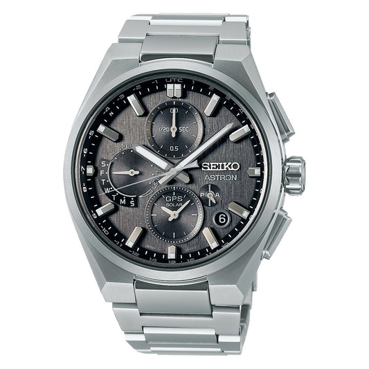 SEIKO ASTRON Mod. SOLAR GPS titanium wristwatch with sapphire dial, multifunction features, and water resistance up to 10 ATM.
