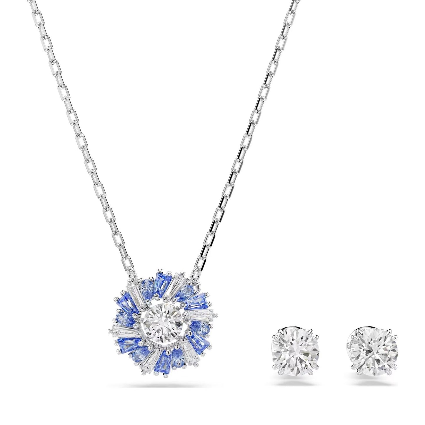 Swarovski necklace and earrings set with blue and clear crystal accents, featuring a sparkling silver chain and gemstone design.