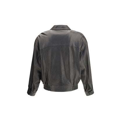 Saint Laurent Black Lamb Ovis Aries Aries Clothing leather jacket back view with pointed collar and gathered waist.
