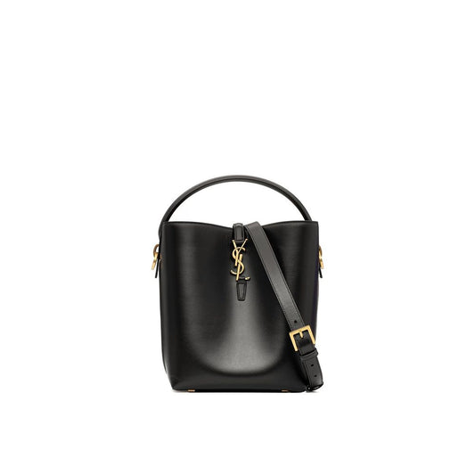 Saint Laurent Le 37 Small Leather Bucket Bag in black calf leather with YSL-shaped buckle and adjustable strap, luxury women's handbag.