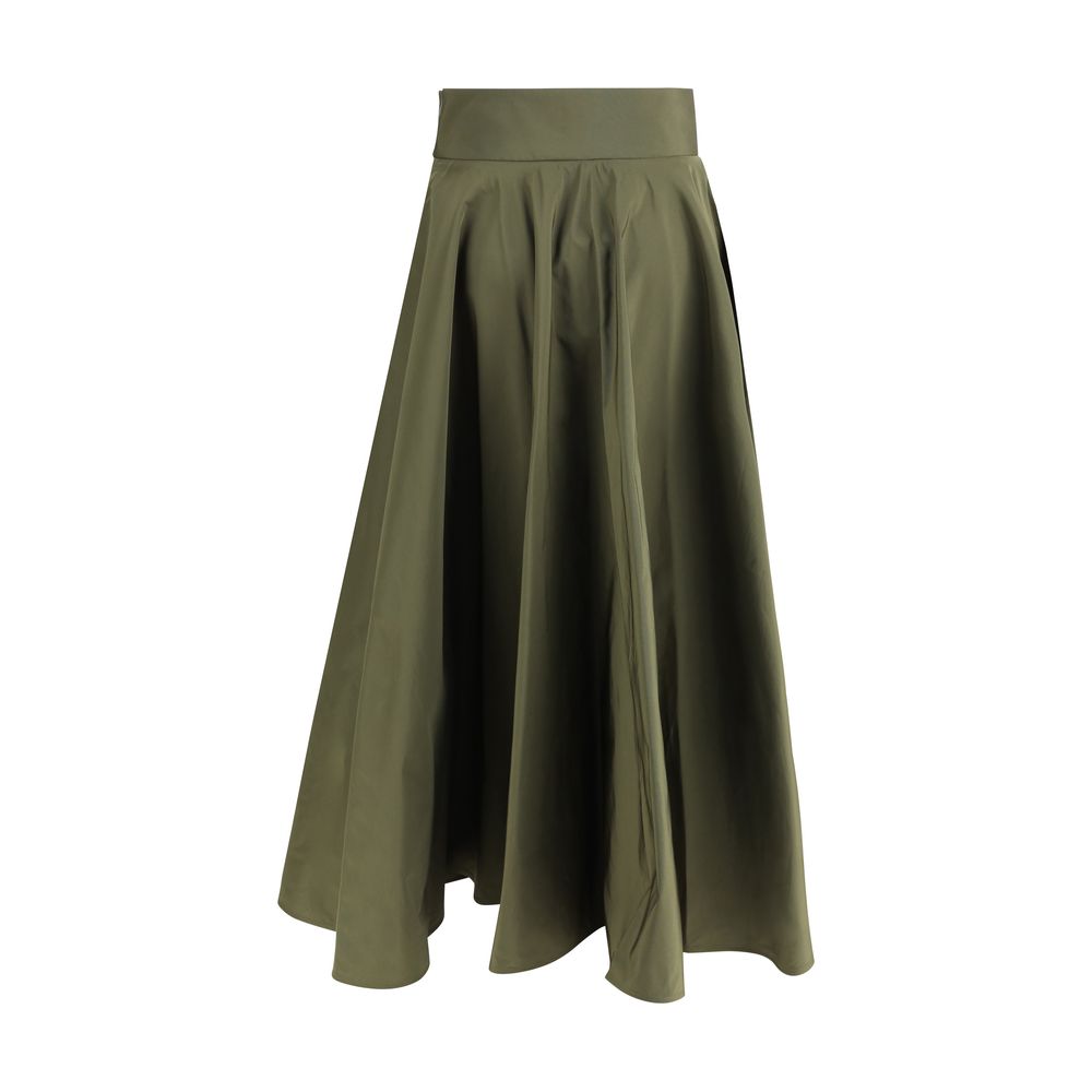 Alt Tag: Sara Roka Green Polyester Midi Skirt with wide flowing line and side zipper closure for a sophisticated contemporary style.