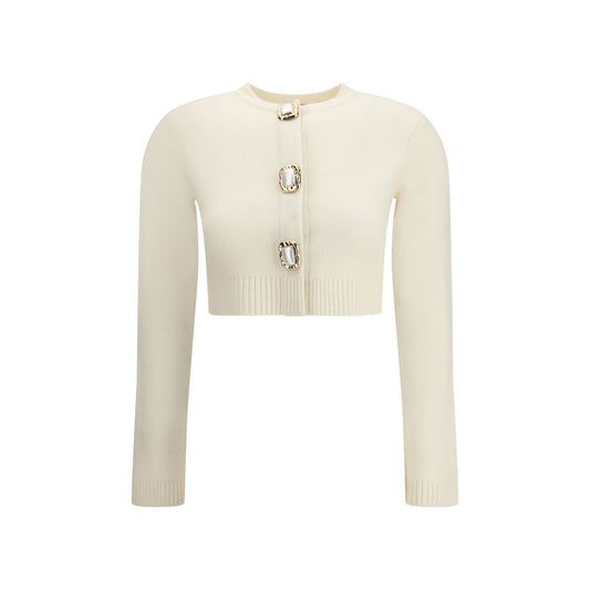 Self-Portrait Cream Wool Cardigan with decorative buttons, ribbed edges, and concealed front closure for elegant style.