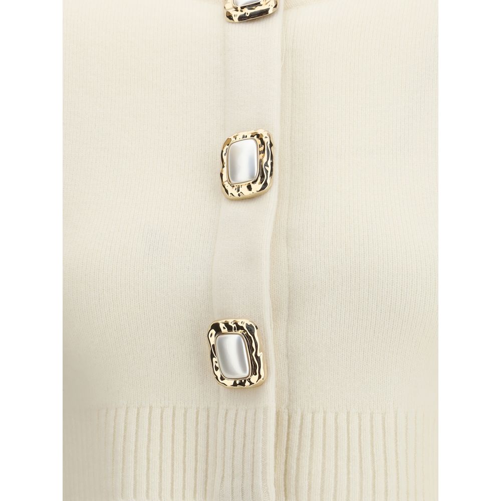 Close-up of Self-Portrait Cream Wool Cardigan with decorative buttons and ribbed edges on hem, cuffs, and neckline for AW25 season.