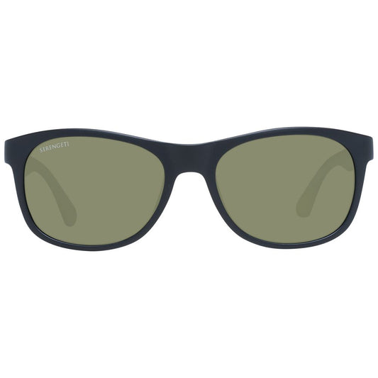 Serengeti Black Unisex Sunglass with polarized green lenses, full-rim black plastic frame, 100% UVA/UVB protection.