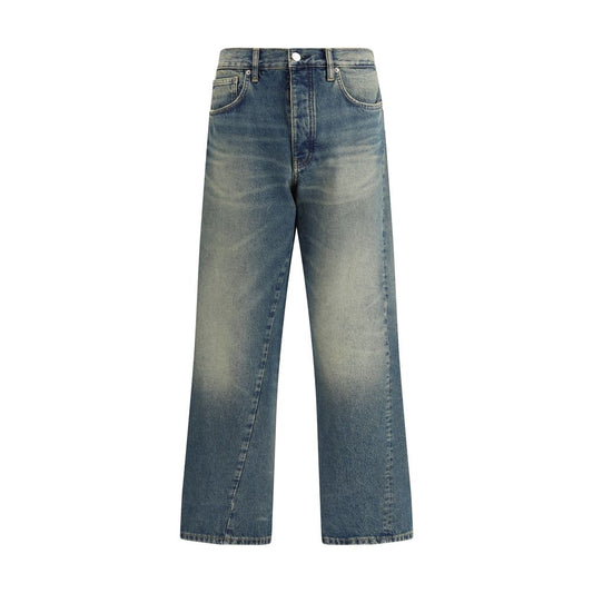 Sunflower Blue Cotton Jeans Denim with wide twist design and vintage wash, showcasing loose fit and recycled metal trims for eco-friendly fashion.