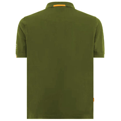 Back view of Suns Green Cotton Polo Shirt with ribbed collar and logo on sleeve.