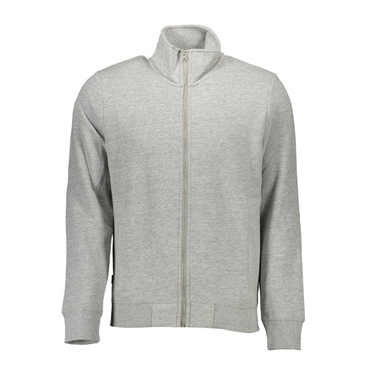 Superdry Gray Cotton Men's Sweater with zipper and two pockets, showcasing subtle Superdry logo embroidery, ideal for casual comfort.