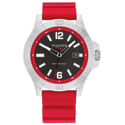 Men's TOMMY HILFIGER Mod. 1710540 watch with quartz movement, red strap, mineral dial, and official packaging.