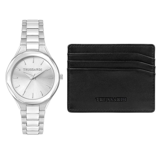 TRUSSARDI MOD. BRINK silver watch and black card holder set