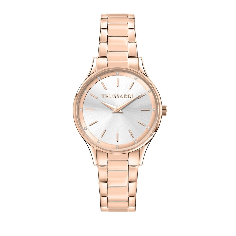 Luxury watch TRUSSARDI MOD. T-STAR with rose gold finish and silver dial. Elegant accessory for style and sophistication.