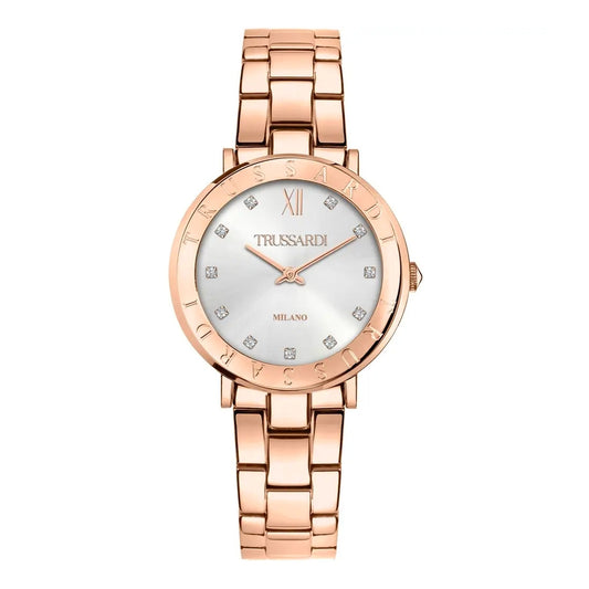 TRUSSARDI Mod. T-VISION wristwatch for women, 30 mm rose gold case, 5 ATM water resistance, quartz movement, official box packaging.