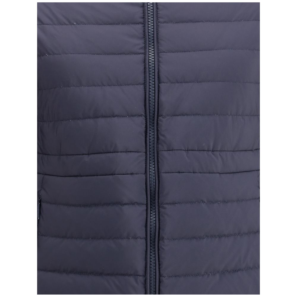 Tatras Blue Nylon Full-Length Jacket with quilted design and front zipper, ideal for cold seasons. Features adjustable hood and zippered pockets.