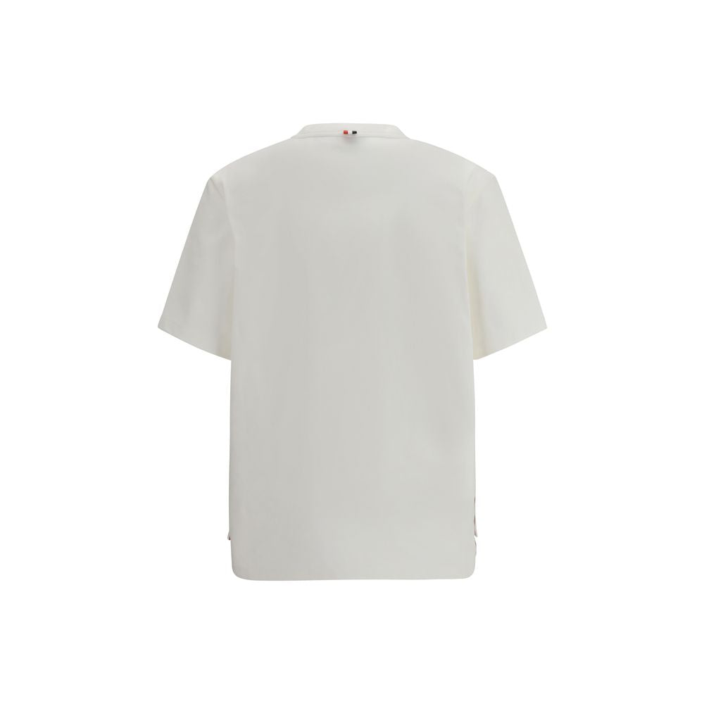 Back view of Thom Browne Cotton T-Shirt with ribbed crew neck and asymmetrical hem, featuring side buttons and classic logo detailing.