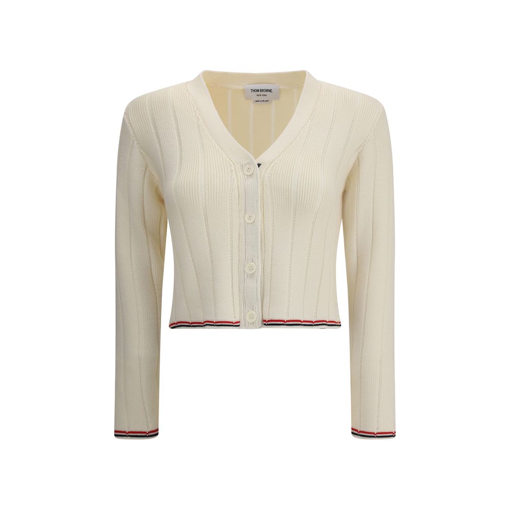 Thom Browne Cream Fleece Wool Cardigan with V-neck, button closure, ribbed design, and iconic colored bands, perfect for elegant outfits.