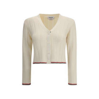 Thom Browne Cream Fleece Wool Cardigan with V-neck, button closure, ribbed design, and iconic colored bands, perfect for elegant outfits.