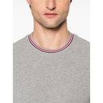 Thom Browne T-shirts and Polos Light Grey with signature grosgrain side tabs and Rwb stripe detailing, front view.