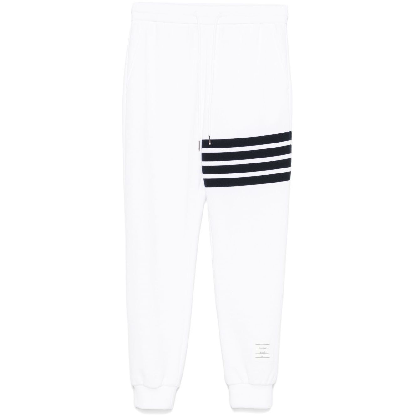 Thom Browne Trousers White with drawstring, side pockets, logo patch, and signature grosgrain tab, featuring 4Bar stripes on cotton fabric.