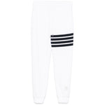 Thom Browne Trousers White with drawstring, side pockets, logo patch, and signature grosgrain tab, featuring 4Bar stripes on cotton fabric.