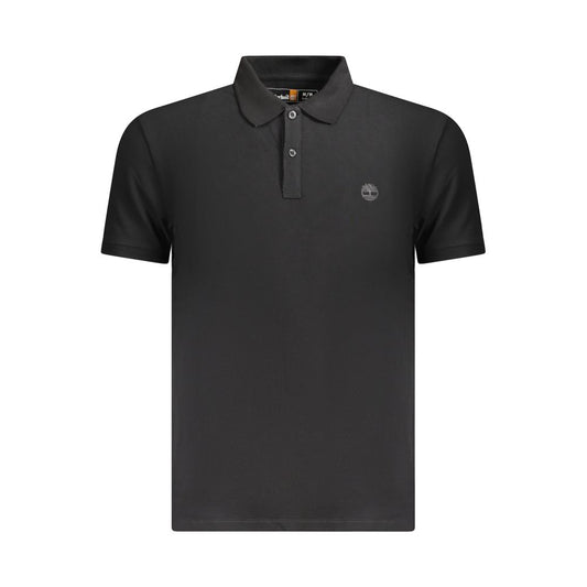 Timberland Black Cotton Men Polo Shirt with iconic embroidery logo, slim-fit design, made from 100% cotton for a sleek, casual look.