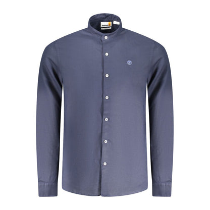 Timberland Blue Cotton Shirt, long sleeve, slim fit, mandarin collar, with buttons and embroidery logo.