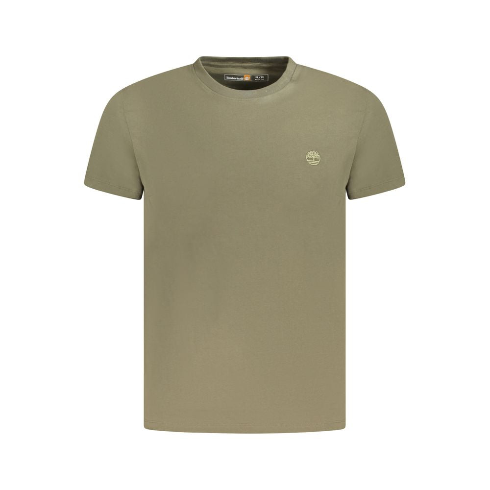 Timberland Green Cotton Men Shirt with crew neck and signature embroidery logo, perfect for casual style with comfort and breathability.