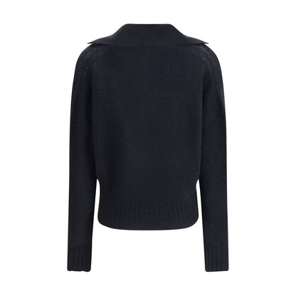 Tom Ford Black Cashmere Cashmere Sweater with polo collar, ribbed hem and cuffs, back view, made from soft wool and silk blend.