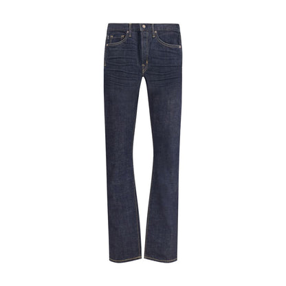 Tom Ford Blue Cotton Straight-Leg Jeans featuring 100% cotton, button closure, 5-pocket design, ideal for casual elegance, AW25 season.
