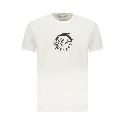 Trussardi White Cotton Men T-Shirt featuring a distinctive logo print, perfect for elevating your casual wardrobe with elegant style.