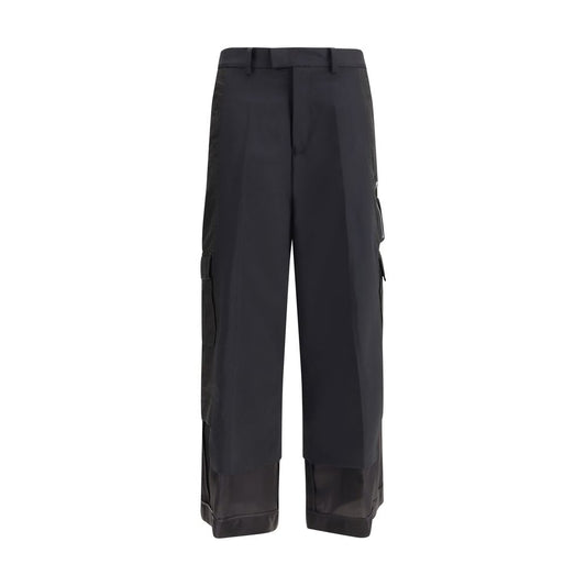 Undercover Black Polyester Cargo Pants with side cargo pockets and wide leg design, AW25 collection, 68% polyester, 32% wool.