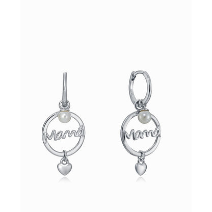 Elegant 'Mamá' silver hoop earrings with pearls and heart charms for a stylish touch of love and sophistication, perfect for gifting.