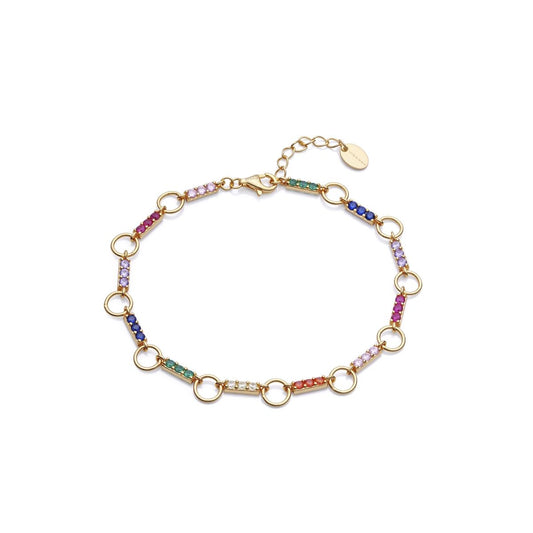 Gold bracelet with multicolored gemstones and circular links.
