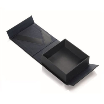 Elegant black jewelry gift box with an open lid, showcasing its spacious interior, ideal for presenting luxury items or gifts.