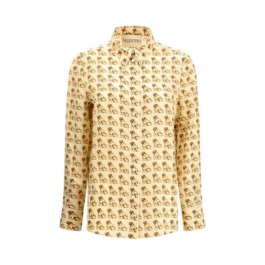 Valentino Beige Silk Pattern Shirt with Petit Charles print, pearl front closure, and cuffs detail, 100% silk, AW25 collection.