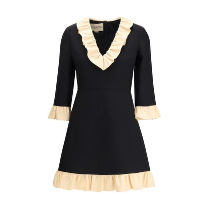 Valentino Black Fleece Wool Cocktail Dress with V-neckline and voile embellished sleeves for elegant evening wear.