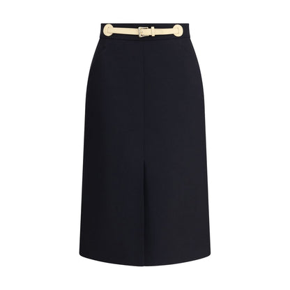 Valentino Black Fleece Wool Midi Skirt with leather belt, elegant back zipper, and front slit for a sophisticated style.