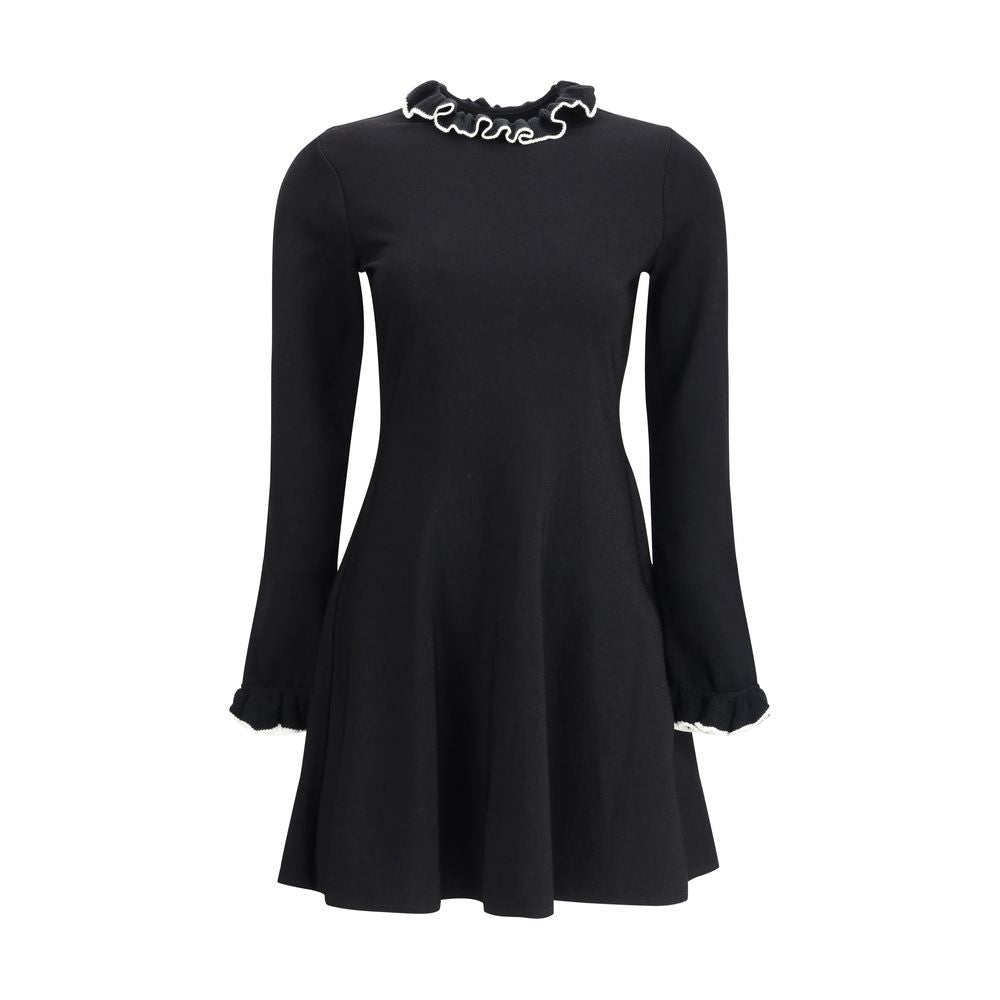 Valentino Black Viscose Casual Dress with ruffled neck and sleeves, featuring a flared silhouette for a feminine, sophisticated look.