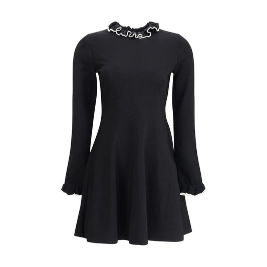 Valentino Black Viscose Casual Dress with ruffled neck and sleeves, featuring a flared silhouette for a feminine, sophisticated look.