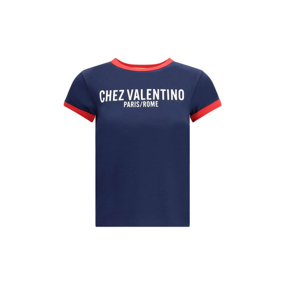 Valentino Blue Cotton T-Shirt with logo and red trim, slim fit, 100% cotton, made in Italy, contemporary design for casual wear.
