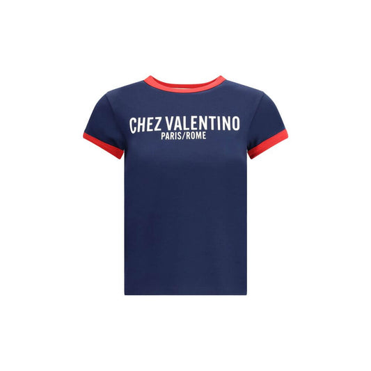 Valentino Blue Cotton T-Shirt with logo and red trim, slim fit, 100% cotton, made in Italy, contemporary design for casual wear.