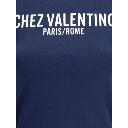 Valentino Blue Cotton T-Shirt with Chez Valentino logo and contrasting crew neck, perfect for casual wear, slim fit, made in Italy.