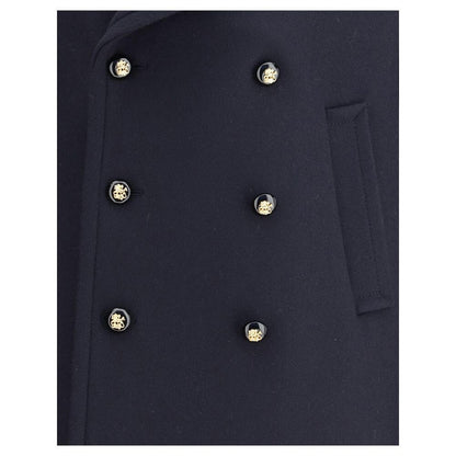 Valentino Blue Fleece Wool Coat with double-breasted buttons and wide lapels for a stylish look, part of the AW25 collection.