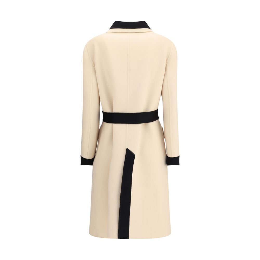 Back view of Valentino Cream Fleece Wool Coat with black collar and belt showcasing classic elegance and modern details.