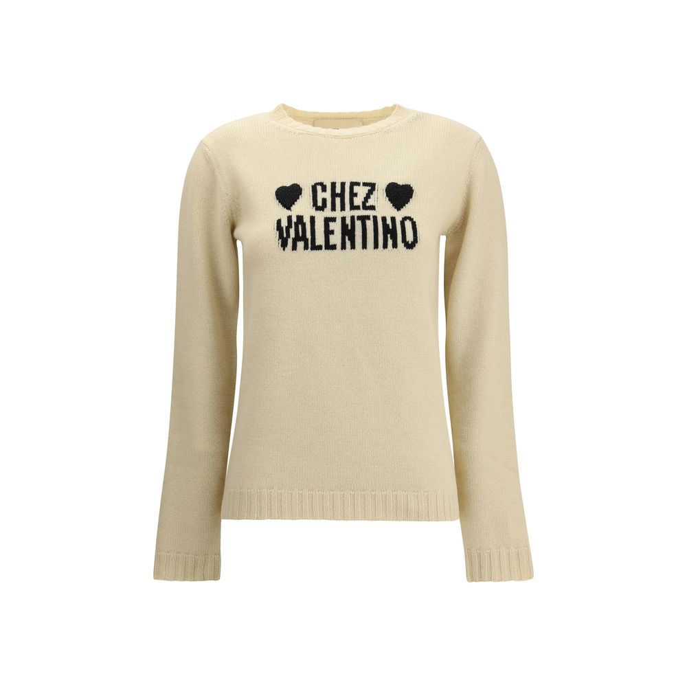 Valentino Cream Fleece Wool Sweatshirt with embroidered hearts, elegant and stylish, perfect for an original look, 100% wool.
