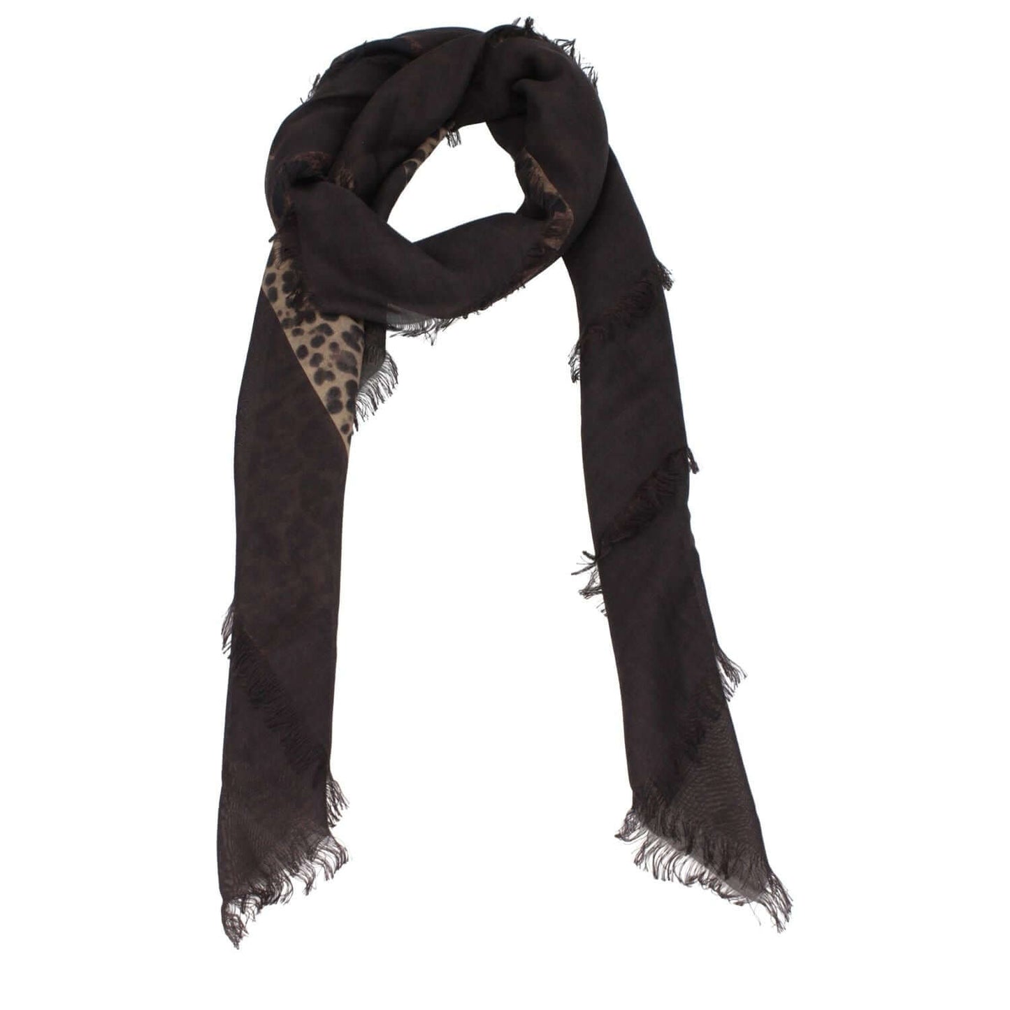Valentino Garavani Brown Cashmere Foulard with leopard print, fringes, and front logo, measuring 140×140 cm made of 70% cashmere and 30% silk.
