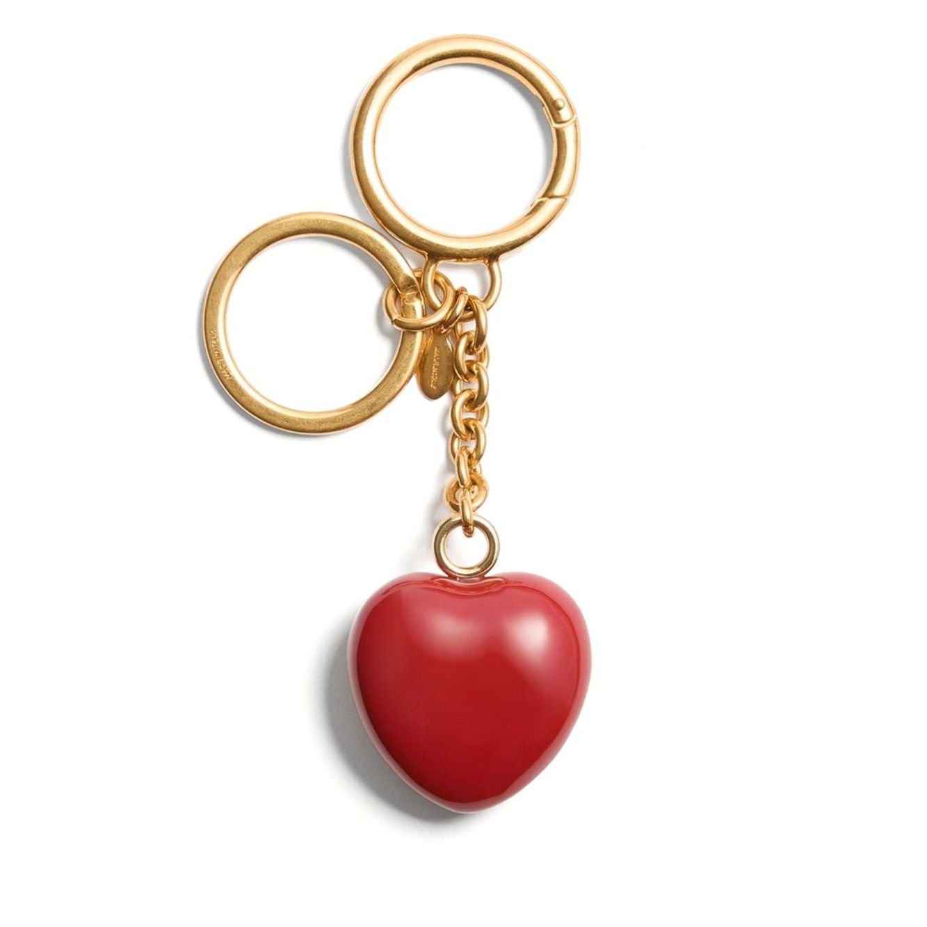 Valentino Garavani Coeur Royal key ring with red heart charm and polished gold finish, 13cm length, 3.5cm width, luxurious accessory.