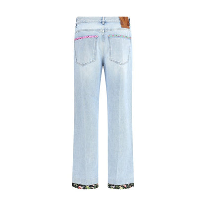 Back view of Valentino Light Blue Cotton Straight-Leg Jeans with floral edges, polka dot pockets, 100% cotton, regular fit.